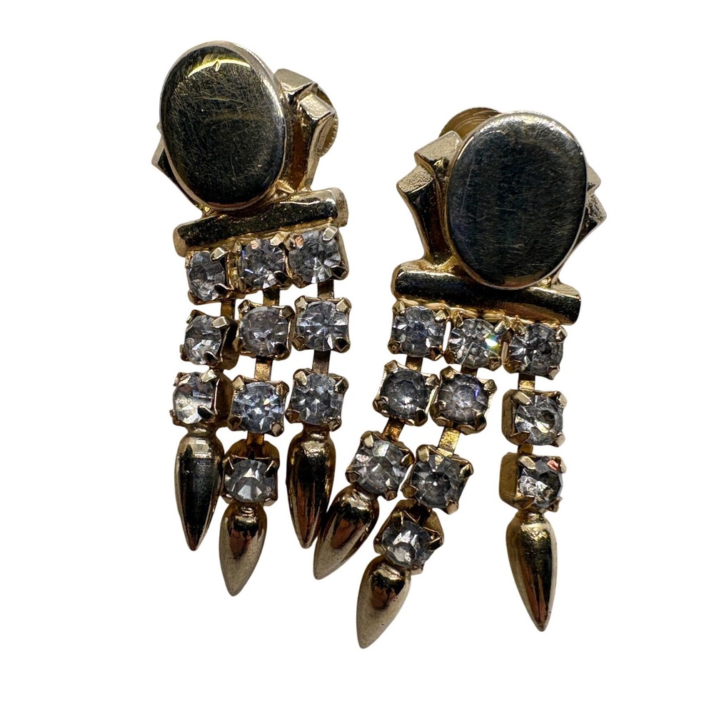 Vintage Gold Tone Rhinestone Tiered Fringe Spike Screw Back Earrings Retro‎ 611